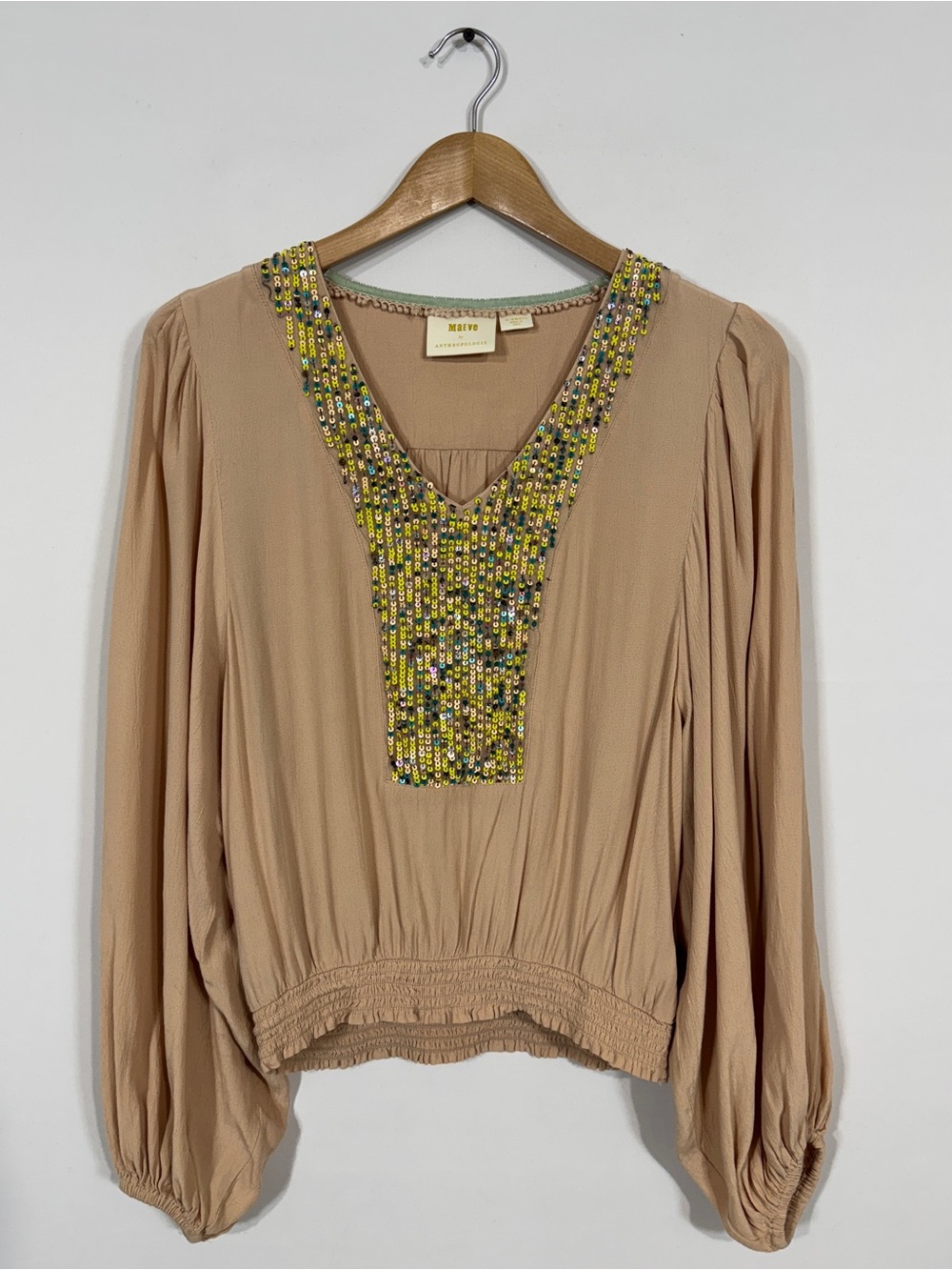 WSH143 {Maeve Anthropologie} Pink Sequin V-Neck Balloon Sleeve Blouse Shirt Top